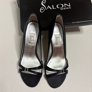 Salon Shoes Black Satin Heels with Rhinestone Detail – Size 7.5B